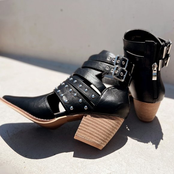 NEW Black Studded Cutout Buckle Strap Pointy Toe Block Heel Ankle Booties Vegan - Picture 8 of 16